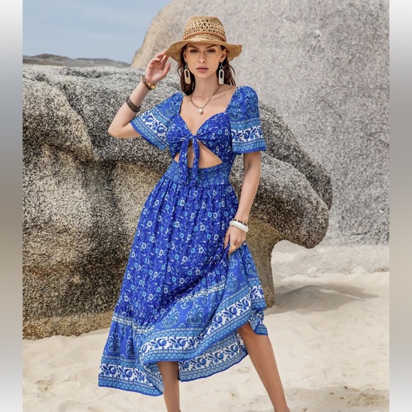 Rusttydustty Blue Floral Paisley Cutout Maxi Dress XL Boho Vacation Tie Front - Picture 7 of 14